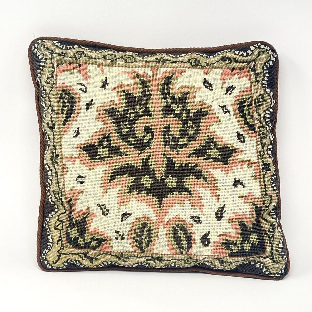 Vintage Needlepoint Pillow Peach Brown Green Leaf Design 13” x 14”
